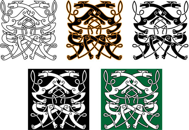 illustrazioni stock, clip art, cartoni animati e icone di tendenza di lotta wolves decorazione disegno celtico - celtic culture celtic style dog tied knot