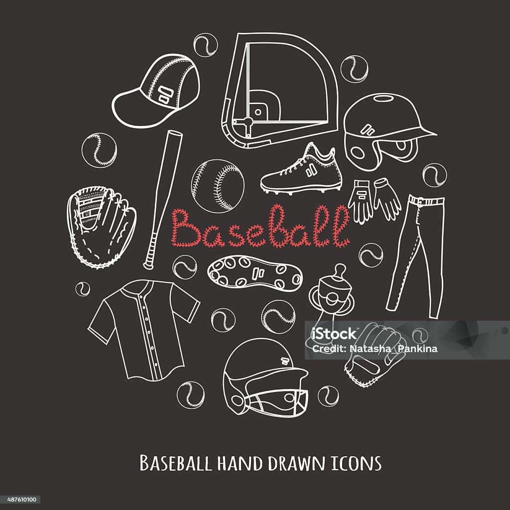 baseball_set Baseball set background, hand drawn vector illustration of various stylized baseball icons, baseball equipment, baseball icons sketch, baseball field, ball, mitt 2015 stock vector