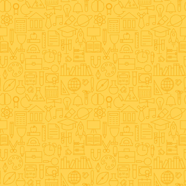 ilustraciones, imágenes clip art, dibujos animados e iconos de stock de escuela educación de línea fina graduación patrón sin costuras amarillo - simplicity mathematics mathematical symbol blackboard