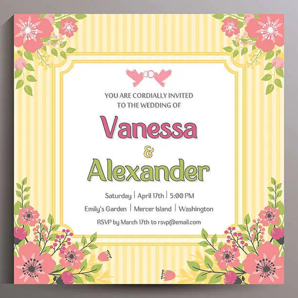 Vector illustration of Vintage Wedding Invitation. Floral square card 14.5 cm