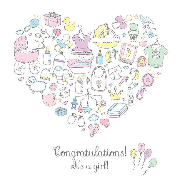 baby душ - baby clothing its a girl newborn baby goods stock illustrations