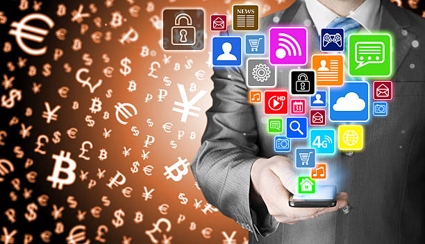 istock Business man using smart phone with social media icon set 487614142