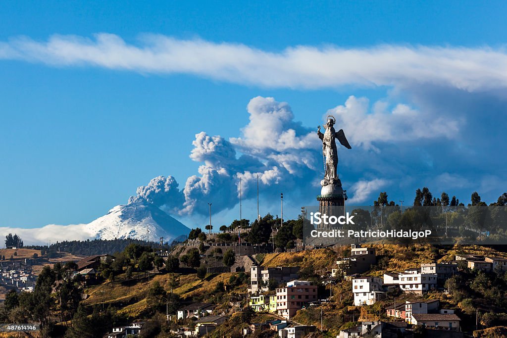 Cotopaxi volcano eruption Cotopaxi volcano eruption and Panecillo's Madona seen from Quito, Ecuador Quito Stock Photo