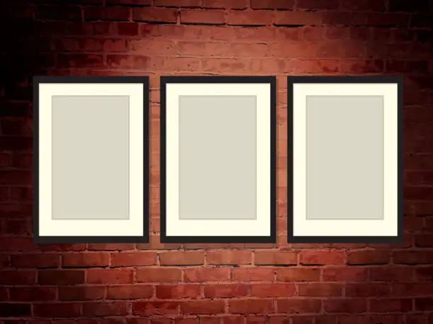 Vector illustration of Brick wall art gallery background with frames