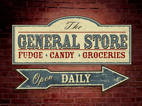 Vector illustration of a vintage, retro, old fashioned General Store wood sign hanging on a red brick wall. Light blue, cream and red color scheme. Antique Signage, with text design. Fudge, Candy, Groceries. Open daily. Old fashioned nostalgia, printable. Store, shopping, antique, old days. Wall signage. Fully editable and printable. Arrow design.