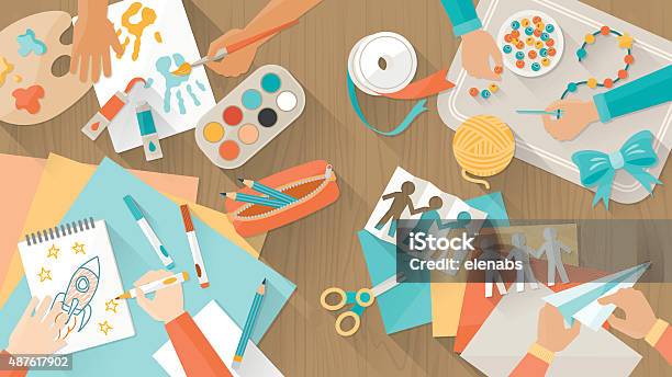 Happy Creative Kids Playing Stock Illustration - Download Image Now - Child, Craft, Art