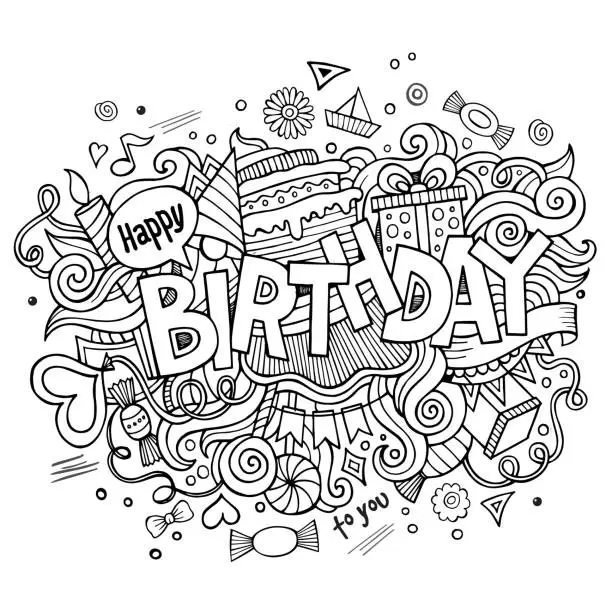 Vector illustration of Birthday hand lettering and doodles elements background