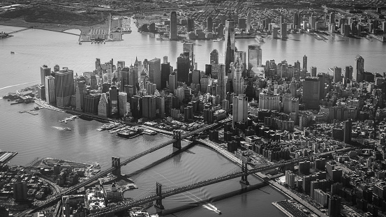An aerial shot of the Manhattan skyline in New York City.