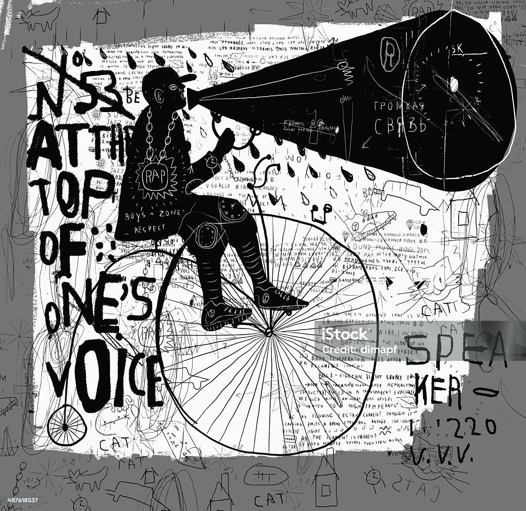 Man on a bicycle Image of a man who rides a bike and says over the loudspeaker. Street Art stock vector