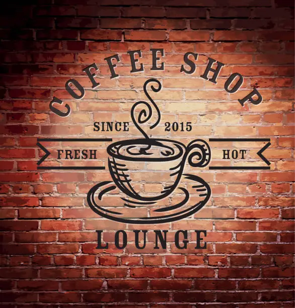 Vector illustration of Rustic old fashioned brick wall with coffee shop sign