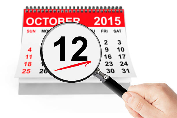istock Columbus Day Concept. 12 October 2015 calendar with magnifier 487619214