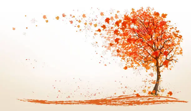 Vector illustration of Autumn background with a tree and golden leaves. Vector.