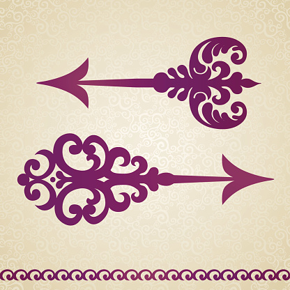 Two ornate decorated vector arrows in Victorian style on seamless curls background. Element for design. It can be used for decorating of invitations, cards, decoration for bags and at tattoo creation.