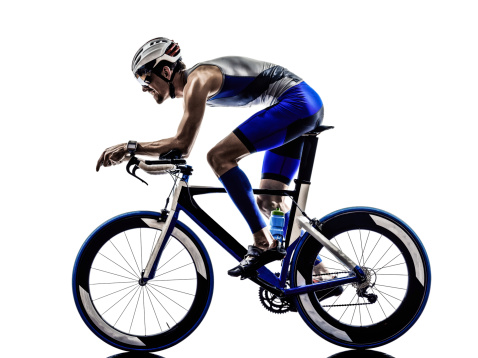 man triathlon iron man athlete bikers cyclists bicycling biking in silhouettes on white background