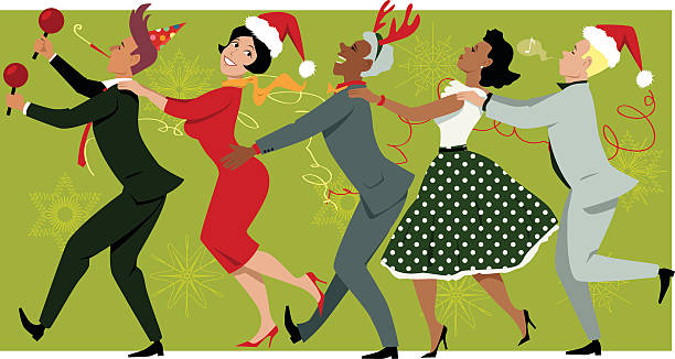 Holiday Party in the office Diverse group of people dressed in vintage fashion and Christmas hats dancing Conga line, snowflakes and streamers on the background, EPS 8 office christmas party stock illustrations
