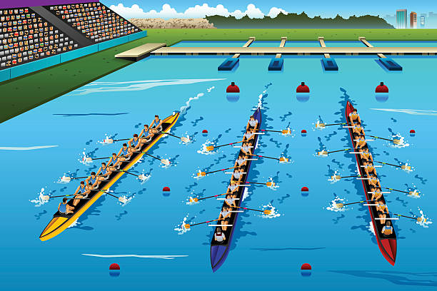 восемь rowers гребля в конкурсе - rowboat nautical vessel men cartoon stock illustrations