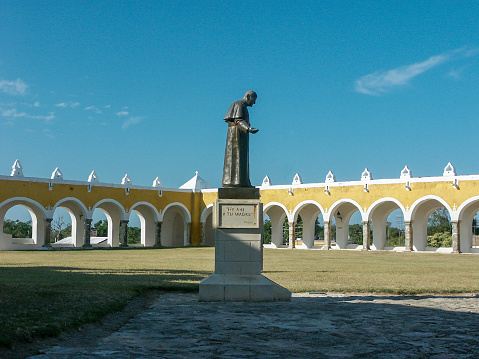 Izamal, Mexico - January 29th, 2004: inner courtyard of the convent in Izamal, Yucatan, with the statue of pope JohnPaul II.