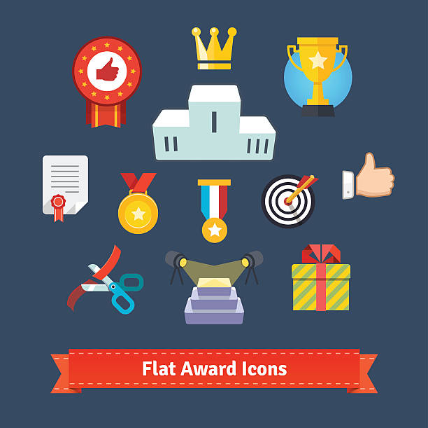 ilustraciones, imágenes clip art, dibujos animados e iconos de stock de los iconos de colores y planeidad - podium medal gold medal ribbon