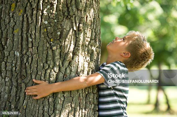 Little Boy Hugging A Tree Stock Photo - Download Image Now - Child, Tree Trunk, 8-9 Years