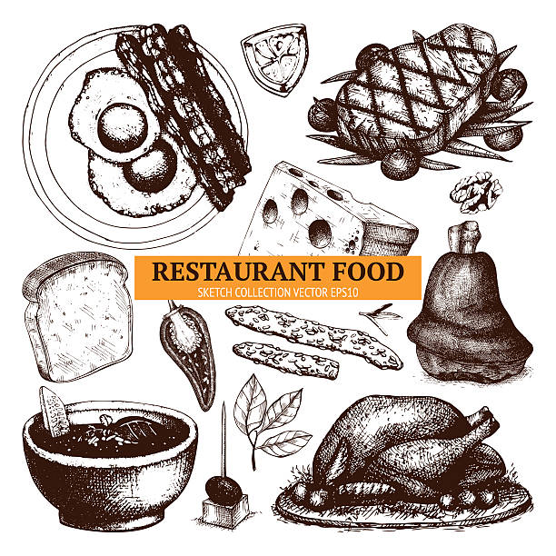 ilustraciones, imágenes clip art, dibujos animados e iconos de stock de vector de plantilla de menú. colección vintage de comida - bacon illustration and painting pork ham