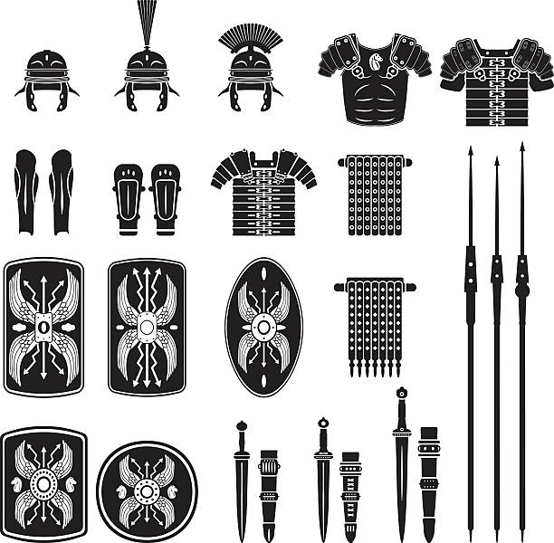 wojownicy serii-rzymskie wektor wojskowy sprzętu - suit of armor weapon shield military stock illustrations