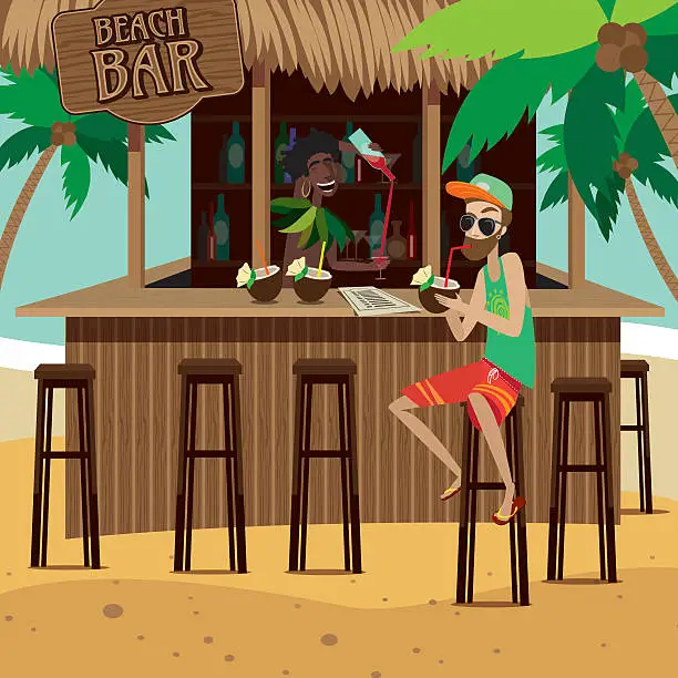 Vector illustration of Man at beach bar drinks exotic cocktail