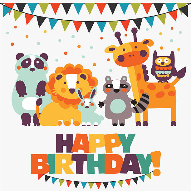 "happy birthday” piękny wektor karty z ładny zwierząt i przezroczystego" - baby congratulating toy birthday stock illustrations