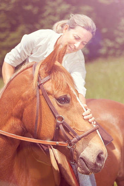 istock female rider stroking horse, bright 487627812