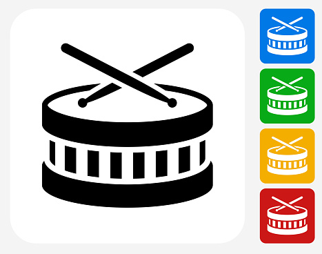 Drums Icon. This 100% royalty free vector illustration features the main icon pictured in black inside a white square. The alternative color options in blue, green, yellow and red are on the right of the icon and are arranged in a vertical column.