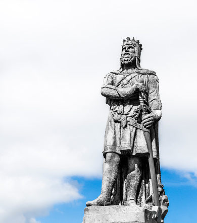 Statue of King Robert the Bruce of Scotland (1274 to 1329) by the sculptor Andrew Currie (1812 to 1891). Unveiled in 1876, it stands on the public space of the grassy esplanade outside Stirling Castle in Scotland.