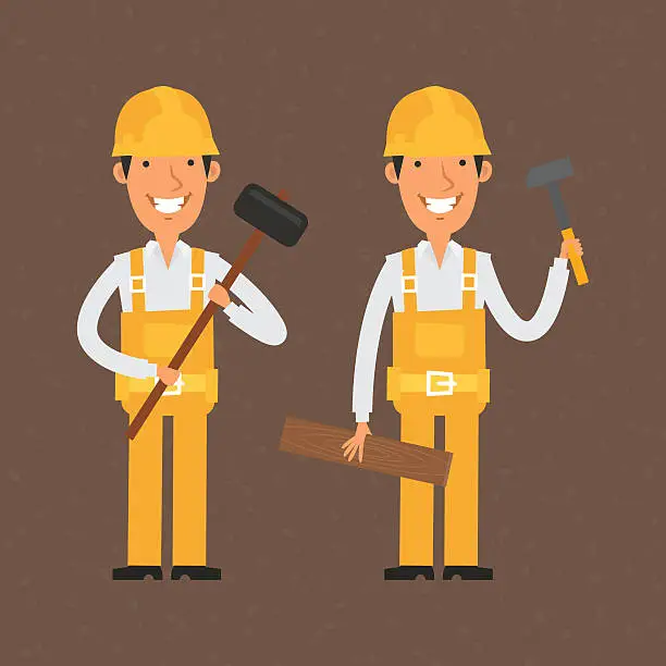 Vector illustration of Two builders holding hammer and smiling