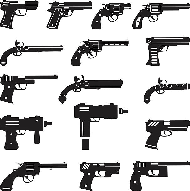 ilustrações de stock, clip art, desenhos animados e ícones de conjunto de vetor de armas, handguns e pistolas - handgun