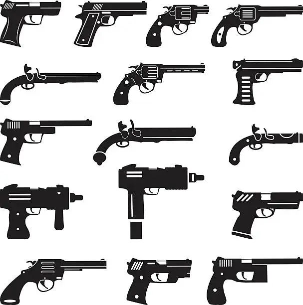 Vector illustration of Set of vector guns, handguns and pistols