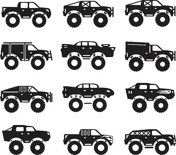 Vector illustration of Monster trucks vector set