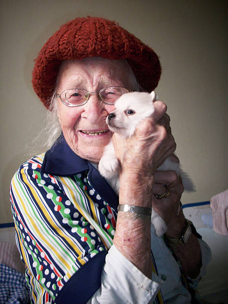 istock Happy old woman hugging a small dog 487639306