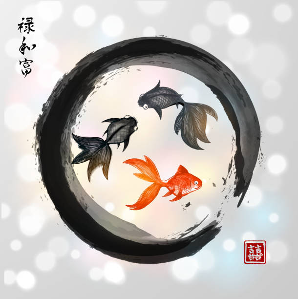 istock Gold fishes in black circle on white glowing background 487639372
