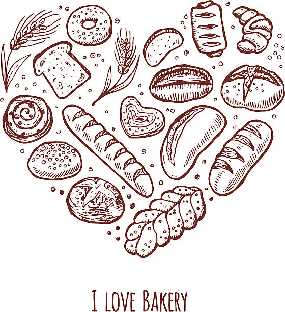 illustrations, cliparts, dessins animés et icônes de boulangerie dessinés à la main doodle set en forme de cœur. - bagel bread isolated baked