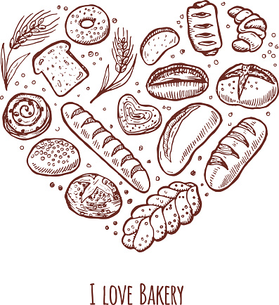 I love bakery. Hand drawn icons set in the shape of heart.