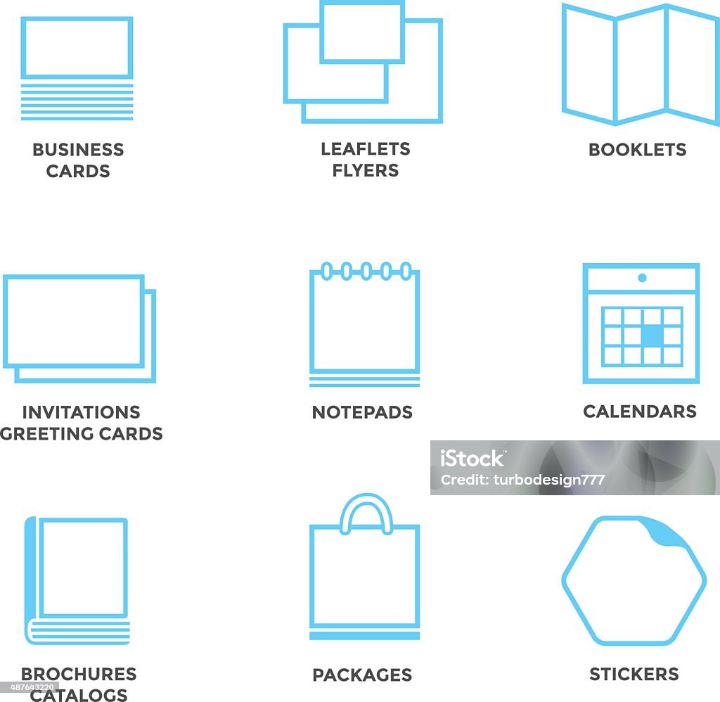 Icons of various print media Icons of various print media. Size, format. Business card flyers calendars greeting cards brochures catalogs.  The Media stock vector