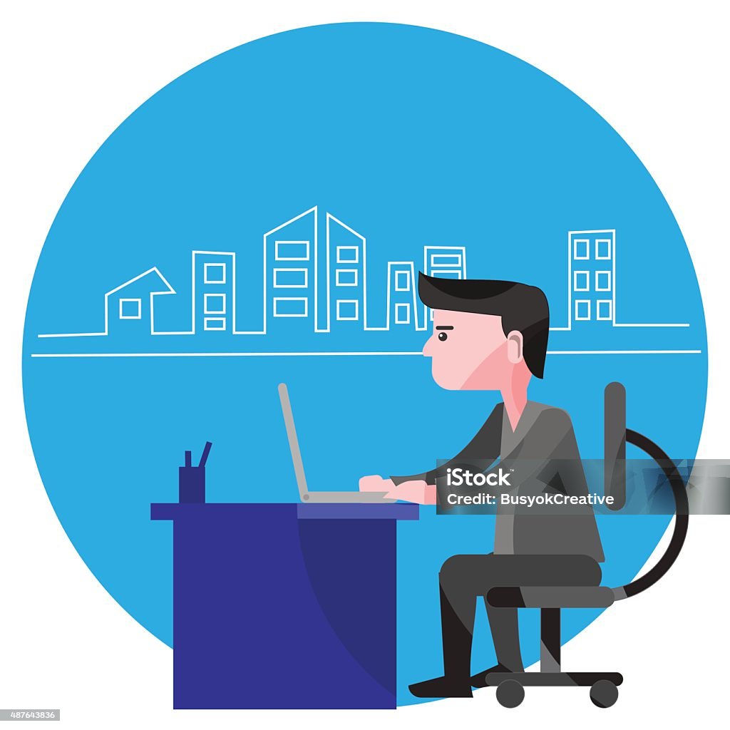 Side view of Man Working From Home with city background An illustration featuring a man sitting in a room at a desk with a laptop to represent working from home with city background 2015 stock vector