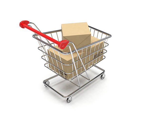 istock Shopping cart with parcel, 3d 487653432