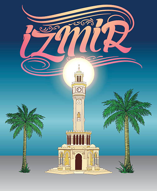 izmir, türkei, clock tower mit hintergrund - izmir stock-grafiken, -clipart, -cartoons und -symbole