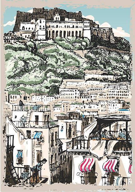 Detailed illustration of a Vintage View of Castle and Palaces in Naples, Italy   This illustration is saved in EPS10 with color space in RGB.
