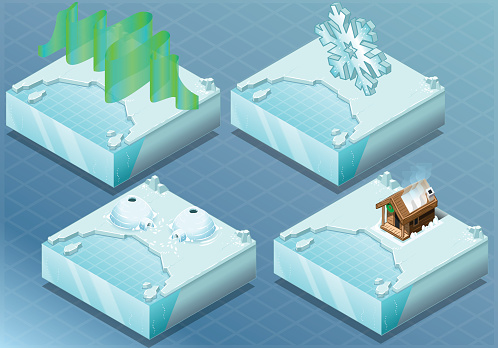 Detailed Illustration of a Isometric Arctic Igloo, Aurora, Sauna, Snow Flake This illustration is saved in EPS10 with color space in RGB.