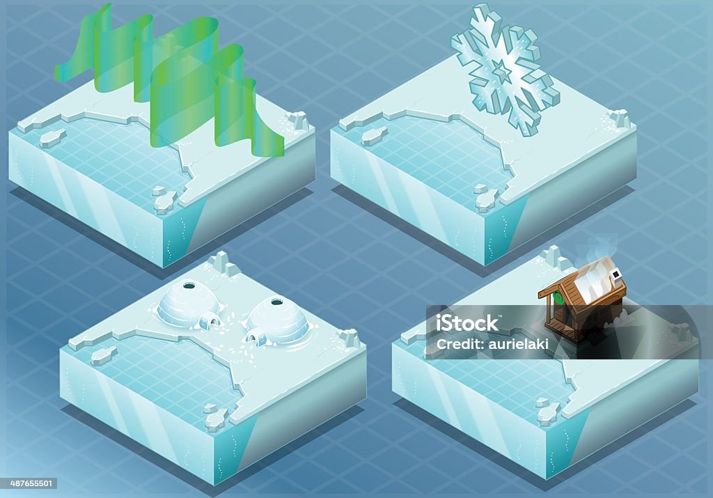 Isometric Arctic Igloo, Aurora, Sauna, Snow Flake Detailed Illustration of a Isometric Arctic Igloo, Aurora, Sauna, Snow Flake This illustration is saved in EPS10 with color space in RGB. Isometric Projection stock vector