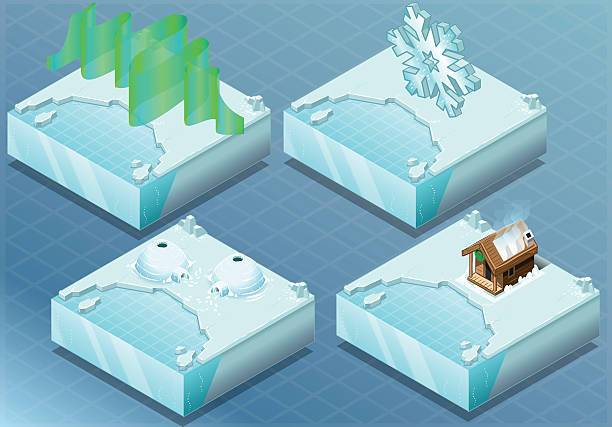 Isometric Arctic Igloo, Aurora, Sauna, Snow Flake Detailed Illustration of a Isometric Arctic Igloo, Aurora, Sauna, Snow Flake This illustration is saved in EPS10 with color space in RGB. houses in antarctica stock illustrations