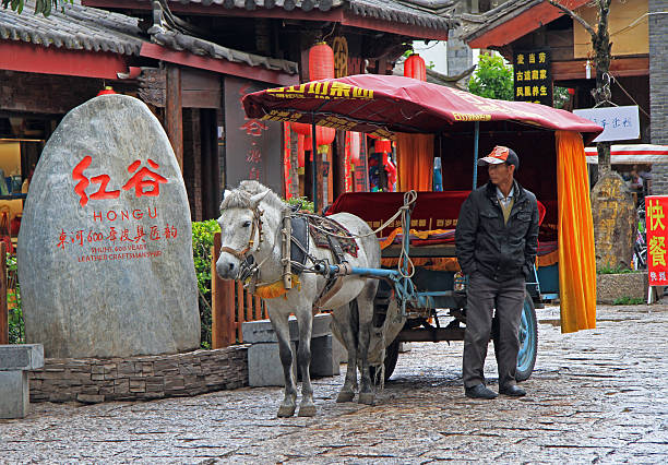 coachman of horse-drawn vehicle is waiting customers on the Lijiang, China - June 11, 2015: coachman of horse-drawn vehicle is waiting customers on the street in Lijiang, China blind arcade stock pictures, royalty-free photos & images