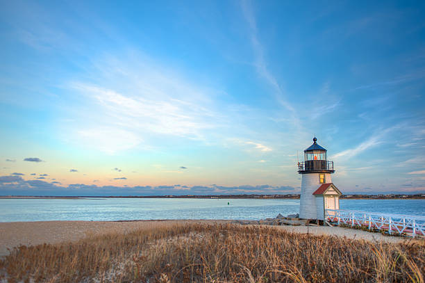 Brant Point Lighthouse Nantucket MA Landscape image taken from shore on a desolate day at Brant Point in Nantucket MA cape cod stock pictures, royalty-free photos & images