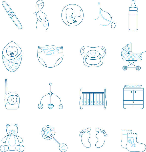 Vector linear pregnancy and newborn icon set Linear icons bear stomach stock illustrations