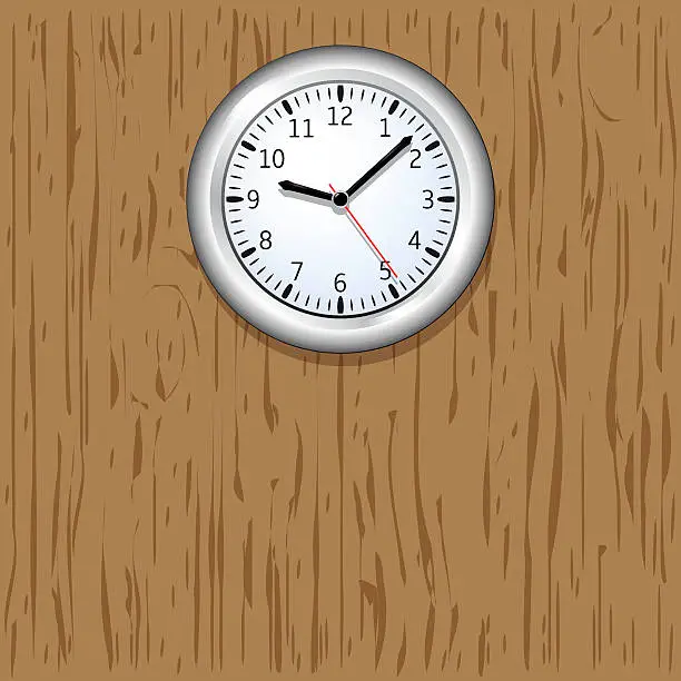 Vector illustration of Wall clock on wooden background